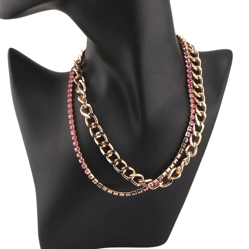 Express Layered Necklace Set Gold Curb Chain Pink Rhinestone 2 Piece NWT